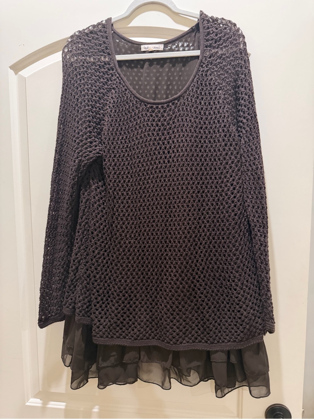 Layered Crochet Knit Dress with Chiffon Hem - Brown